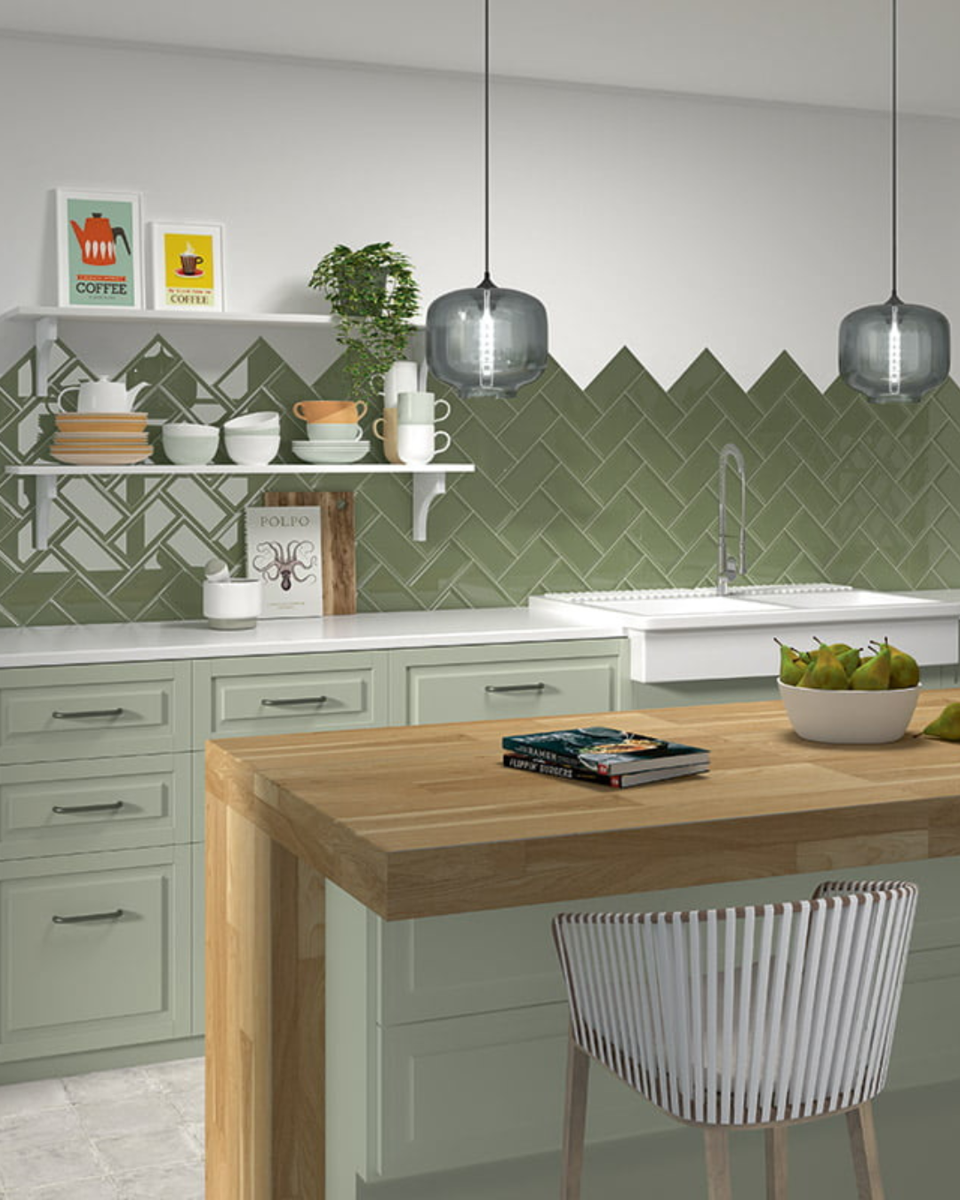 Bissel Green Olive 10x20 - Carrelage mural vert brillant style Metro