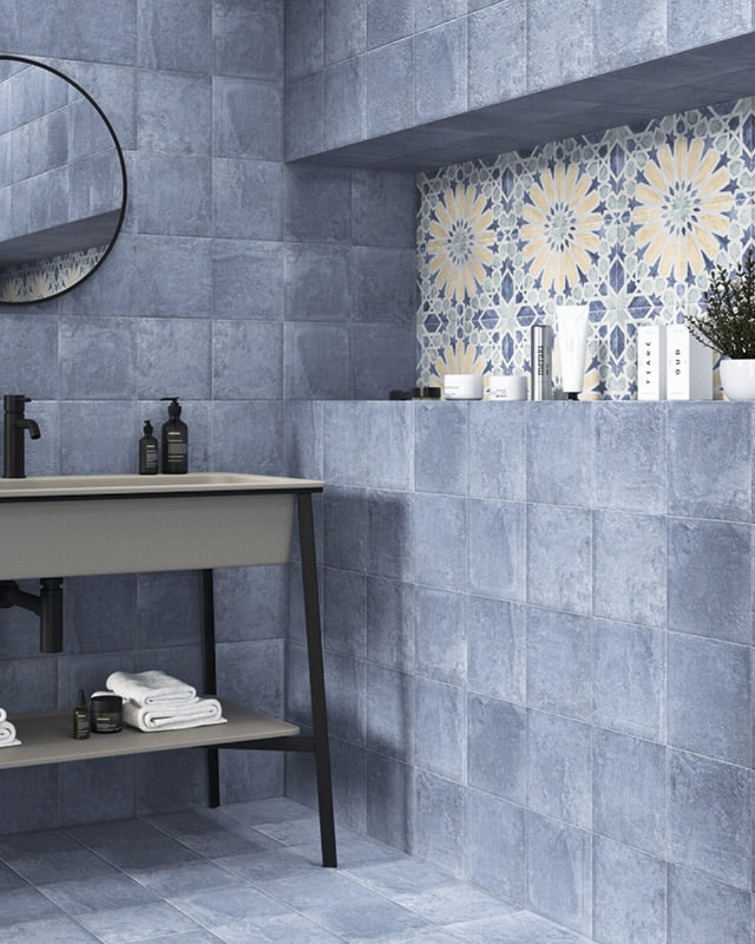 Carino Indigo 20x20 - Carrelage mural et sol bleu mat style Carreau de Ciment