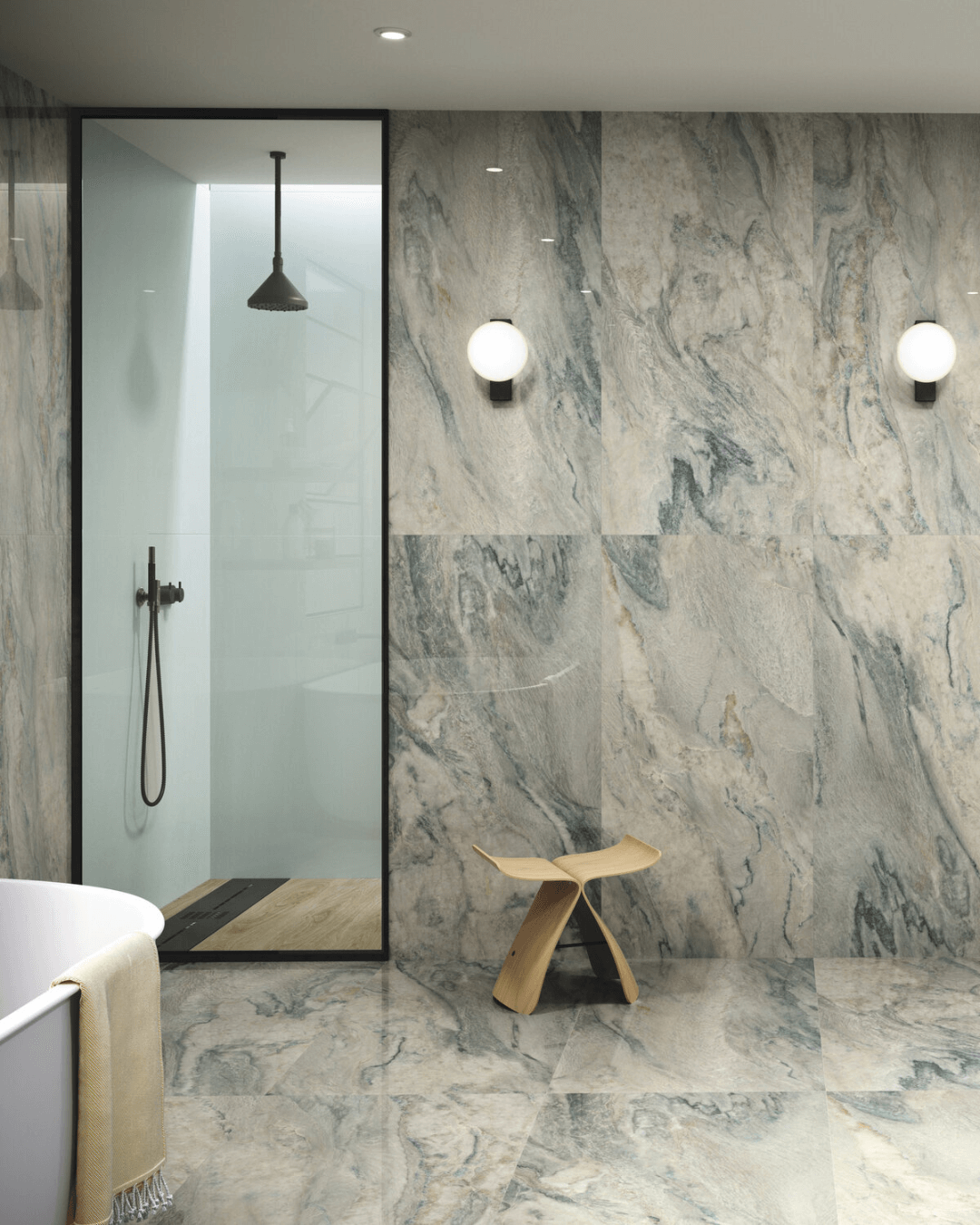 Gaya Quartzite 60x120 - Carrelage marbre gris veiné vert et bleu grain poli effet miroir bords rectifiés