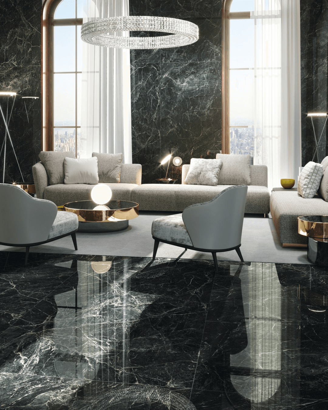 Grand Format Alpi Green 120x260 - Carrelage marbre noir veiné vert grain poli effet miroir bords rectifiés