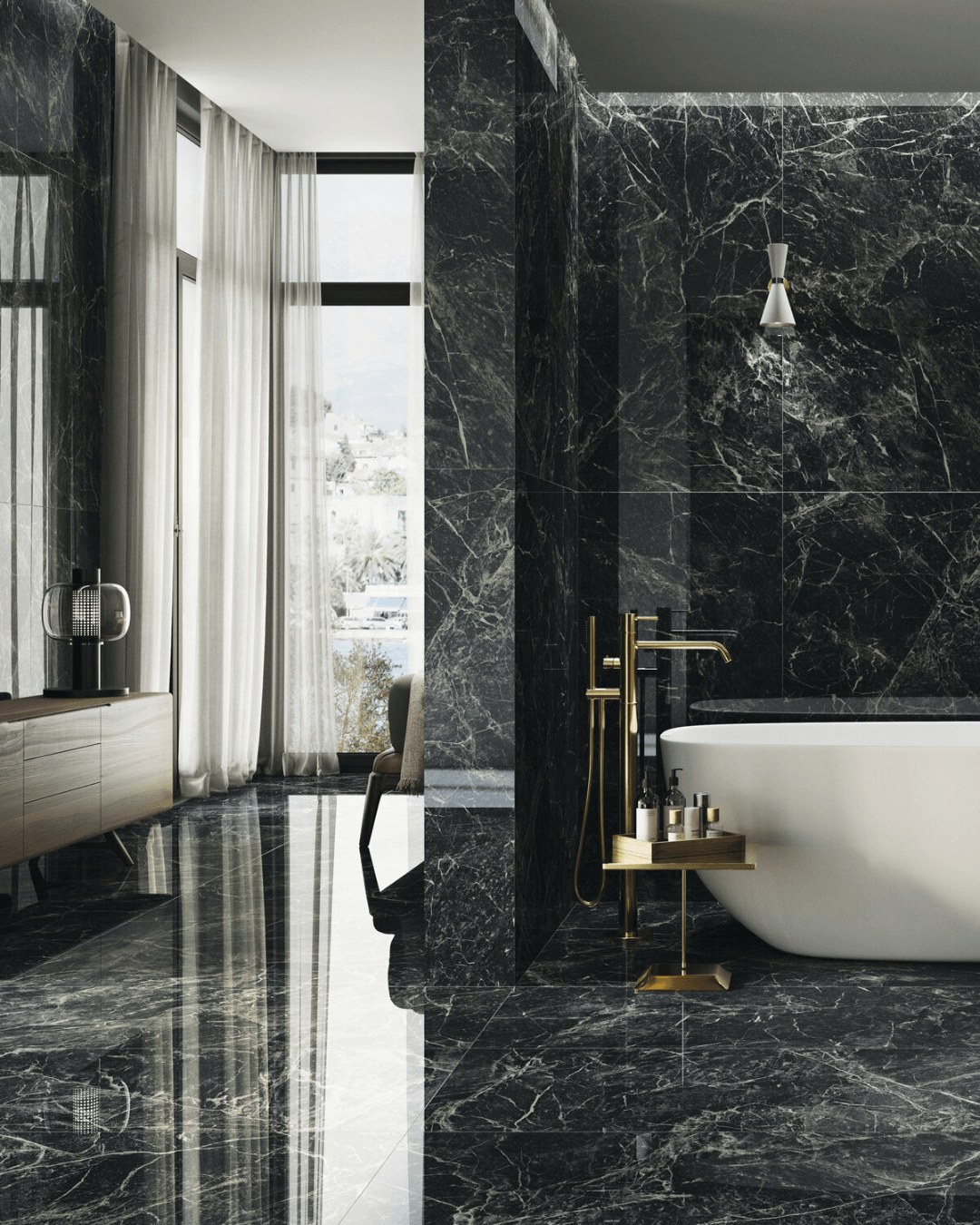 Alpi Green 60x120 - Carrelage marbre noir veiné vert grain poli effet miroir bords rectifiés