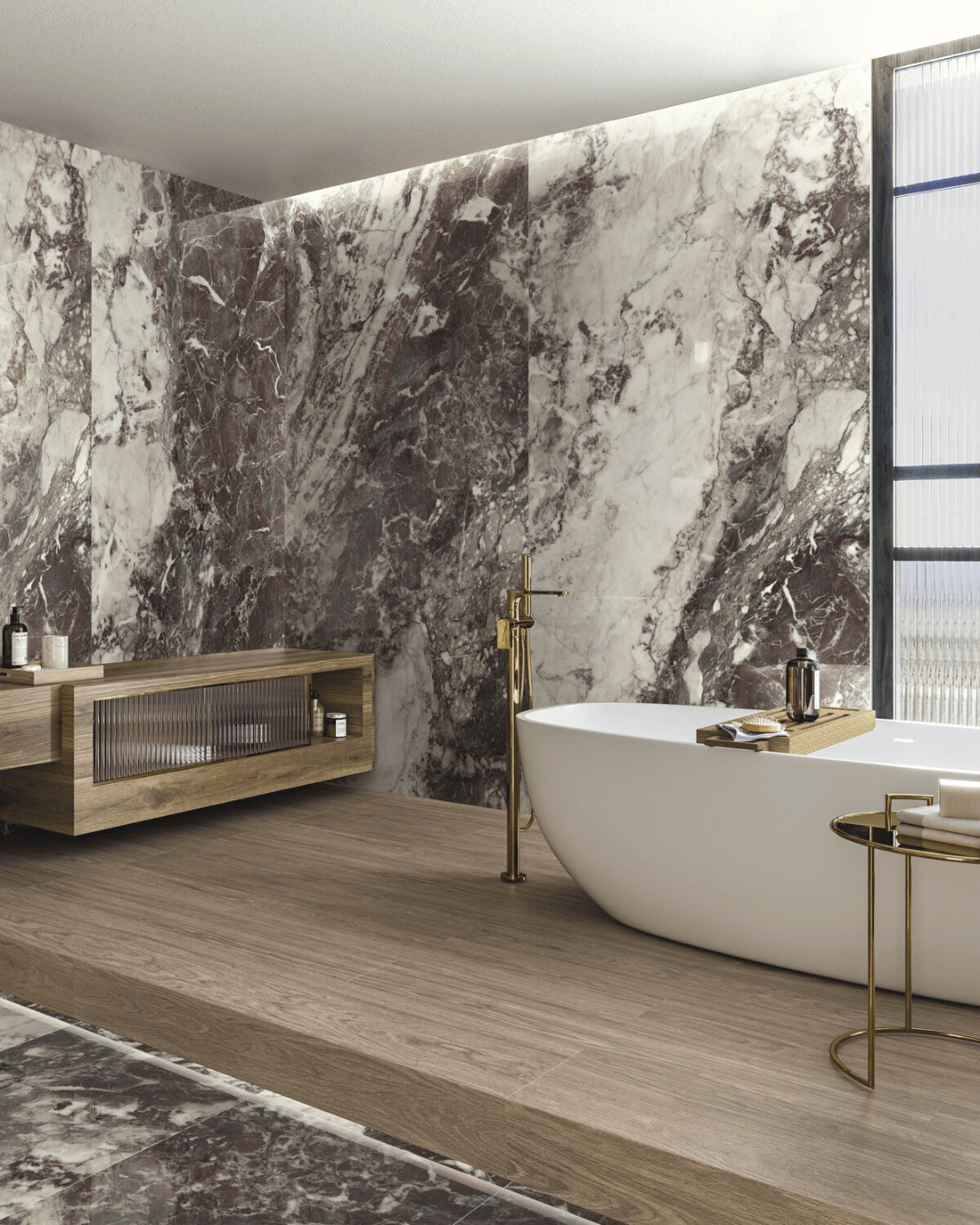 Grand Format Breccia Viola Pol 120×278 - Carrelage gris ivoire veiné violacé marbre et pierre grain poli effet miroir bords rectifiés