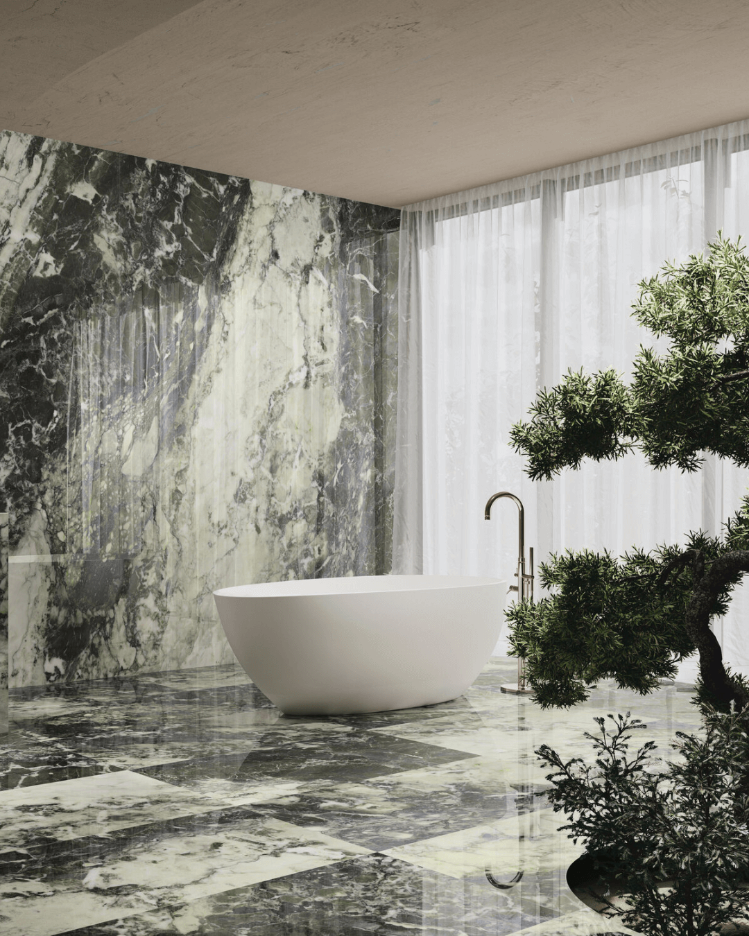 Grand Format Breccia Viridi Pol 120x278 - Carrelage gris ivoire vert marbre et pierre grain poli effet miroir bords rectifiés
