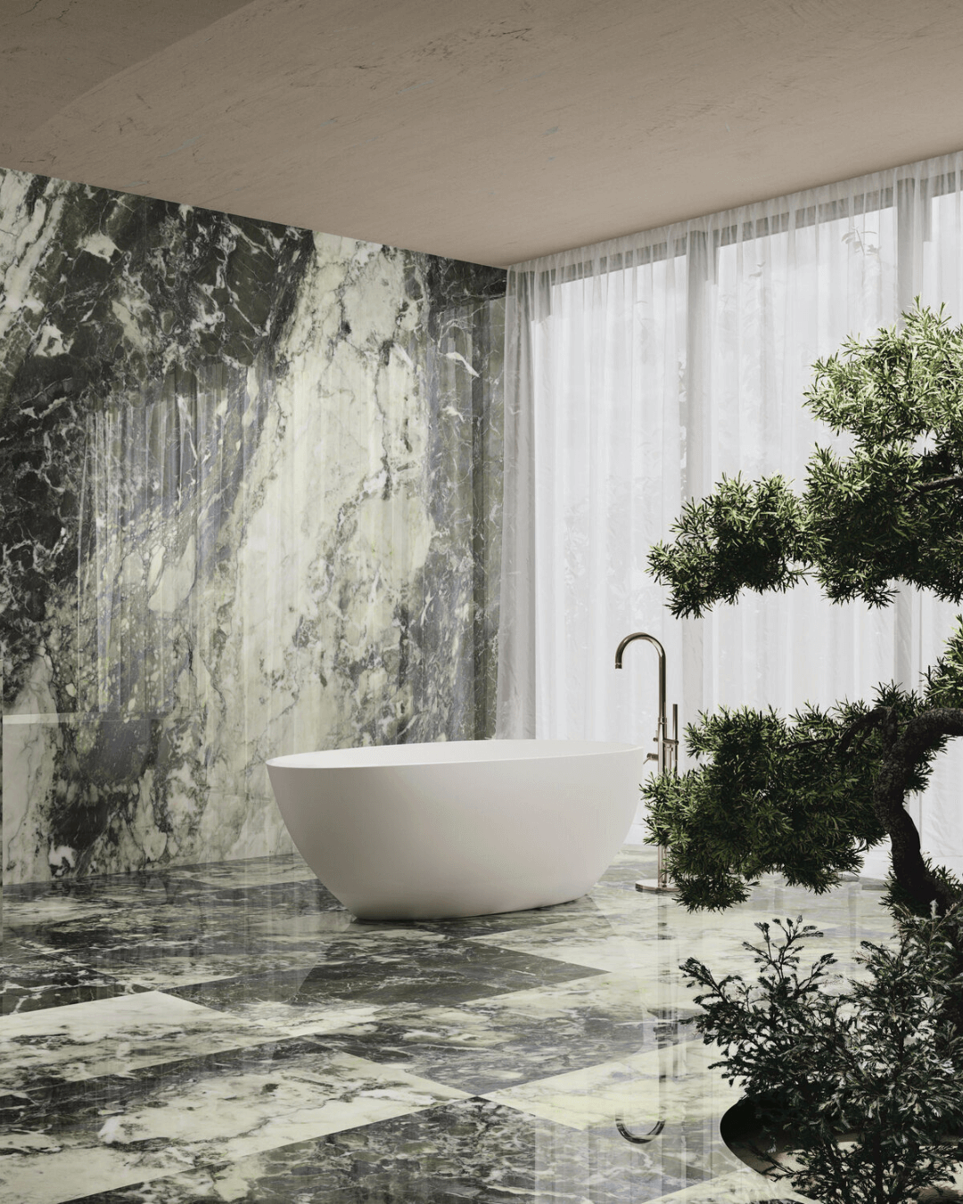 Breccia Viridi Pol 60x120 - Carrelage gris ivoire vert marbre et pierre grain poli effet miroir bords rectifiés