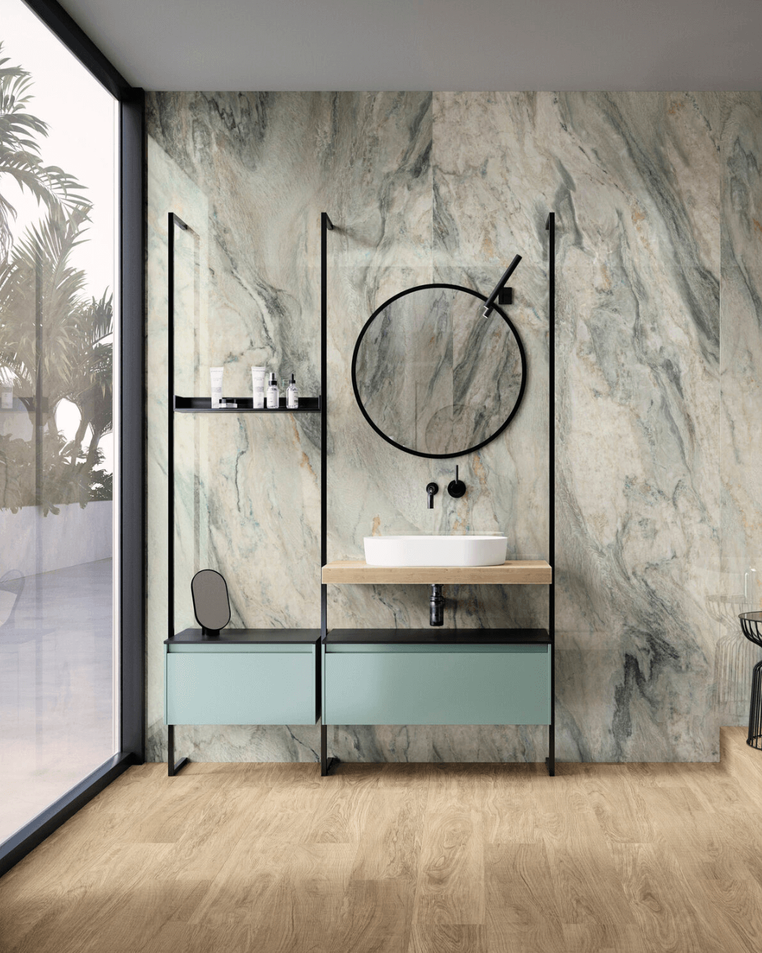 Grand Format Gaya Quartzite 120x280 - Carrelage marbre gris veiné vert et bleu grain poli effet miroir bords rectifiés
