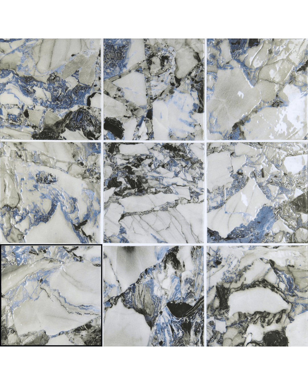Ice Sapphire 15x15 - Carrelage mural marbre éclaté blanc et bleu finition brillante