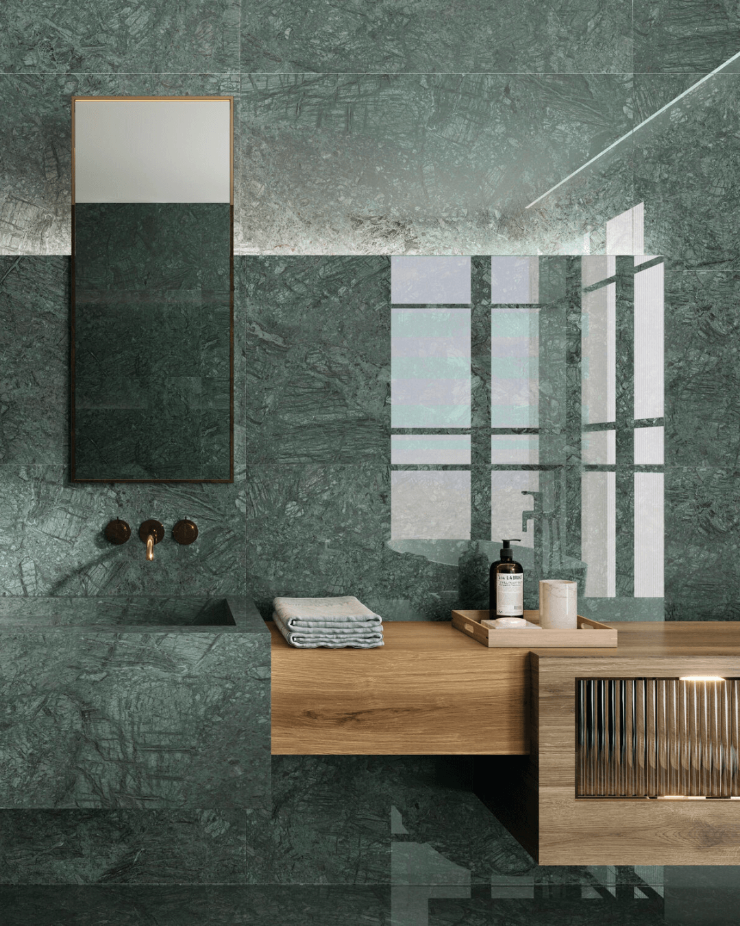 Selva Pol 60x120 - Carrelage pierre marbre vert grain poli effet miroir bords rectifiés
