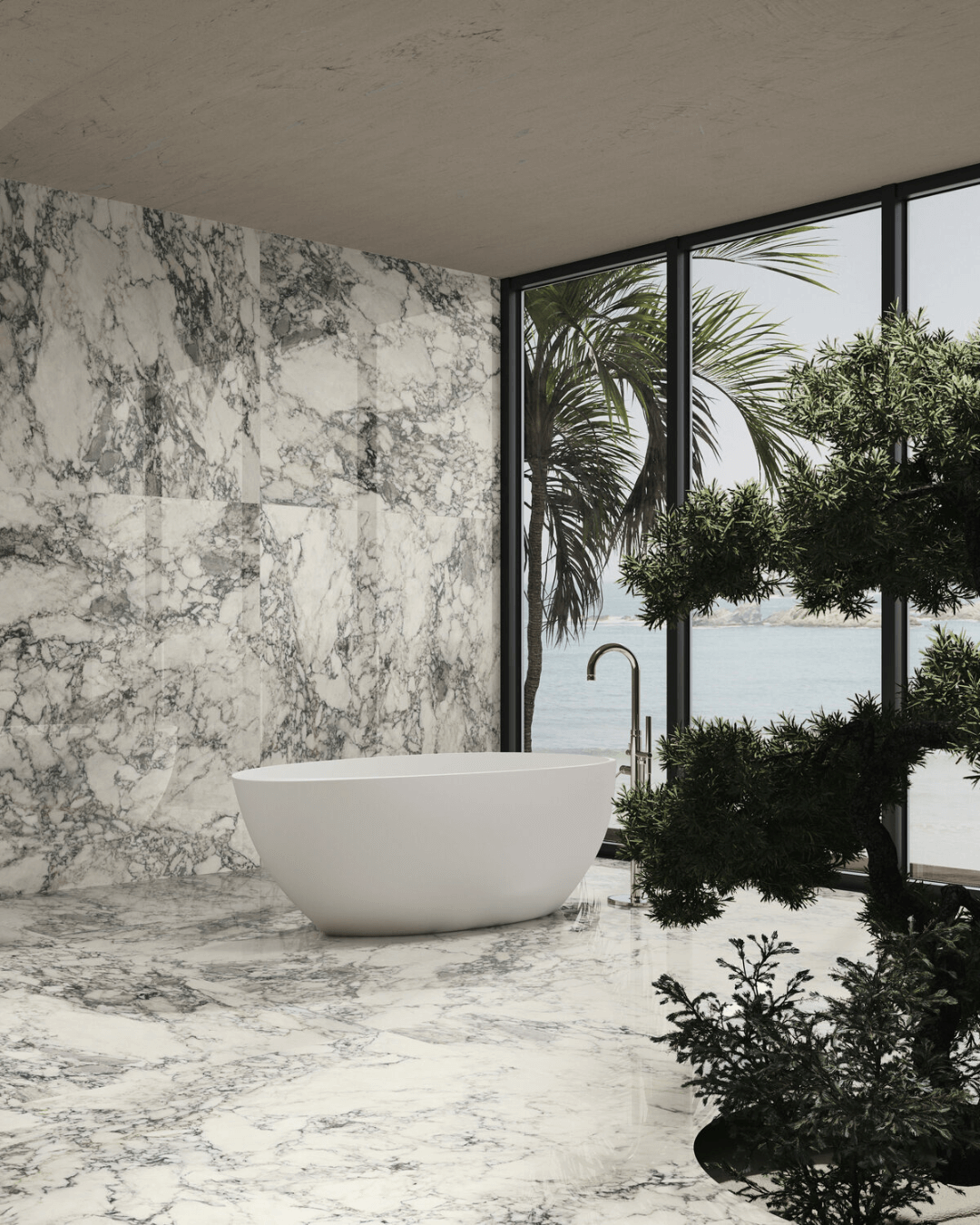 Grand Format Volterra White Pol 120x278 - Carrelage marbre blanc veiné gris grain poli effet miroir bords rectifiés